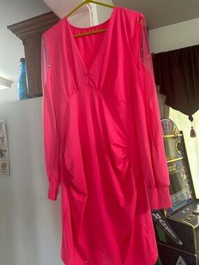 Hot Pink Long-Sleeve V-Neck Sparkle Dress